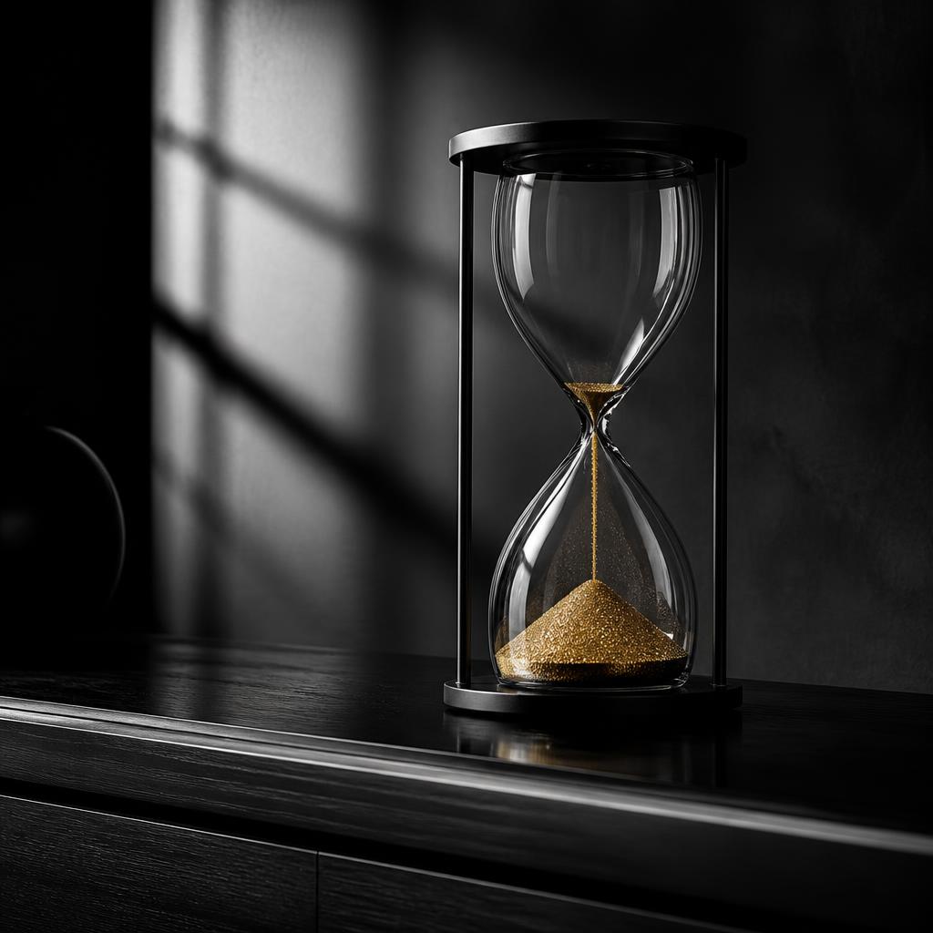 Cinematisches Schwarz-Weiß-Editorial-Stillleben: eine schlanke minimalistische Sanduhr auf dunklem Holz, die obere Kammer fast leer, warm-goldener Sand rieselt durch den Hals in die untere Kammer — die einzige Farbe im monochromen Bild, Metapher für Parkinson's Law und Shrinking Deadlines.