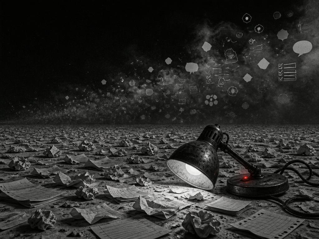 Surreales Schwarz-Weiß-Bild mit rotem Akzent: eine endliche Papierwüste aus zerknüllten Listen und Notizen unter dunklem Himmel, aus der ein Smog aus abstrakten Sprechblasen, Häkchen und Bulletpoints aufsteigt, eine einzelne umgefallene Schreibtischlampe mit kleinem rotem Licht im Vordergrund, keine Menschen