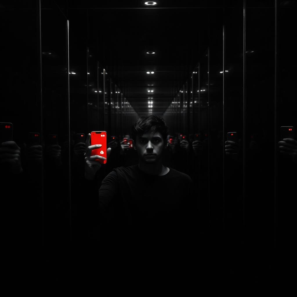 Editorial-Schwarz-Weiß-Foto mit rotem Akzent: eine Person steht in einem dunklen Spiegelkabinett, unendliche Reflexionen halten Smartphones hoch, nur ein einzelner leuchtend roter Aufnahme-Punkt auf dem nächsten Display sticht aus dem Schwarz-Weiß hervor