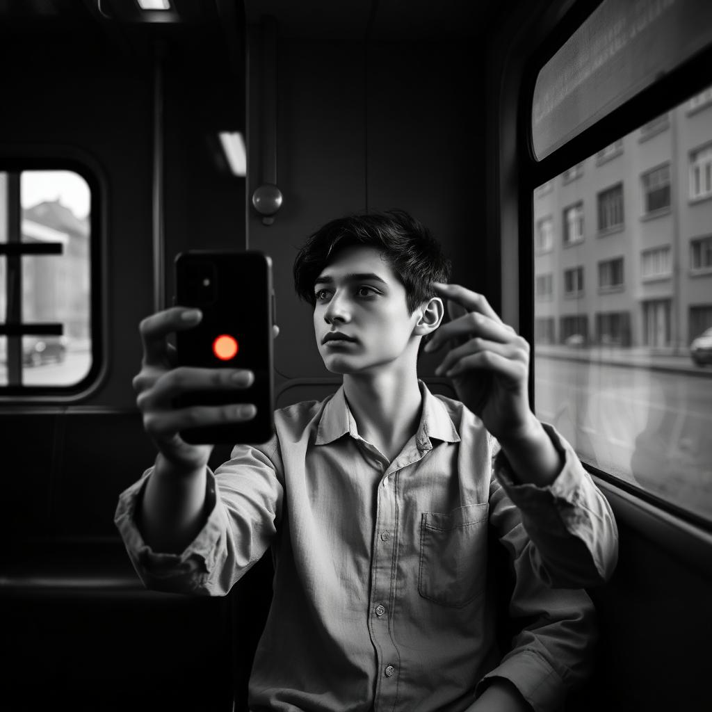 Editorial-Schwarz-Weiß-Foto mit rotem Akzent: junge Person in beigefarbenem Leinenhemd sitzt in einer leeren Straßenbahn am Fenster und hält ein Smartphone in die Kamera, auf dem Display glüht ein einzelner leuchtend roter Aufnahme-Punkt