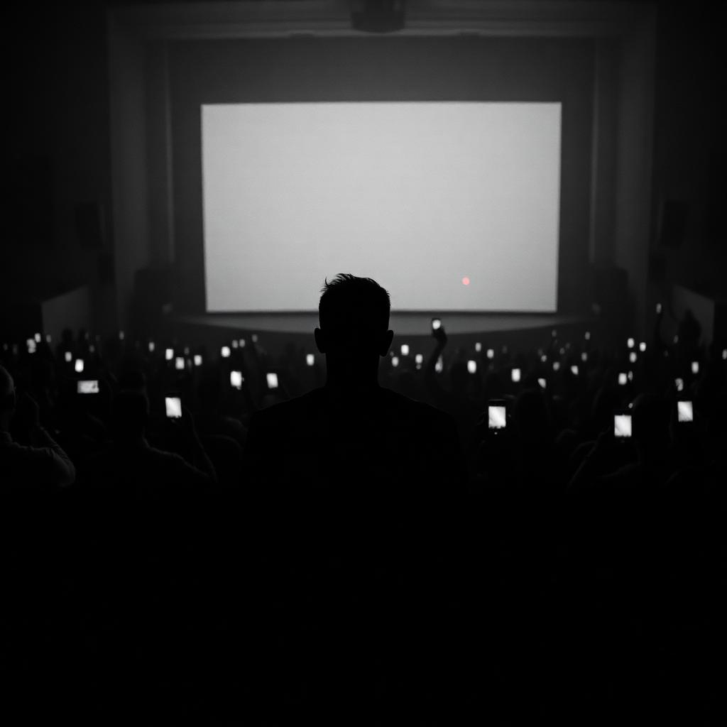 Editorial-Schwarz-Weiß-Foto mit rotem Akzent: eine einzelne Silhouette steht still in der hinteren Reihe eines dunklen Auditoriums, während davor eine Menge Smartphones mit leuchtenden Displays Richtung Bühne reckt, ein einzelner leuchtend roter Notification-Punkt auf einem entfernten Display ist die einzige Farbe im monochromen Bild.