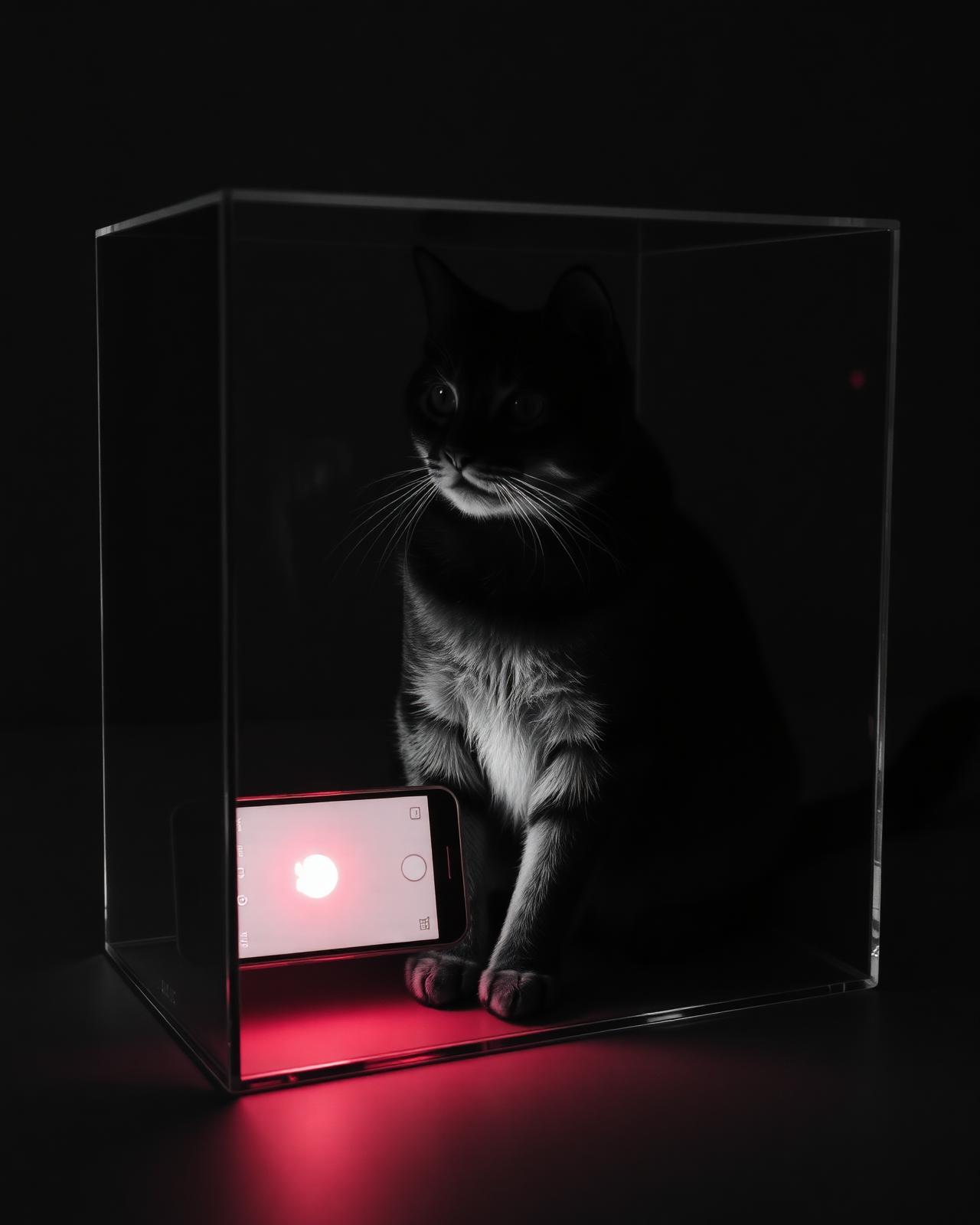 Editorial-Schwarz-Weiß-Foto mit rotem Akzent: eine Katze sitzt in einer durchsichtigen Glasbox neben einem Smartphone, das Display leuchtet in einem einzelnen tiefen Rot als einzige Farbe im Bild, Chiaroscuro-Studiolicht, Katze halb im Licht und halb im Schatten als Bild der Superposition