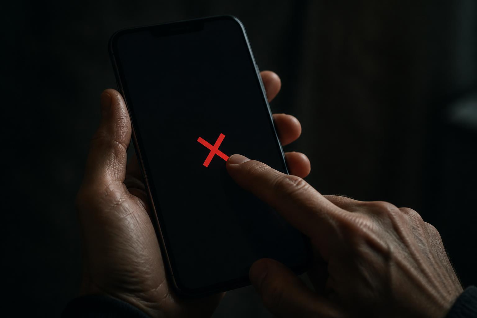 Editorial-Schwarz-Weiß-Foto mit rotem Akzent: eine Hand hält ein Smartphone im Dunkeln, auf dem Homescreen mit Social-Media-Apps glüht ein leuchtend rotes „X"-Delete-Icon als einziger Farbpunkt