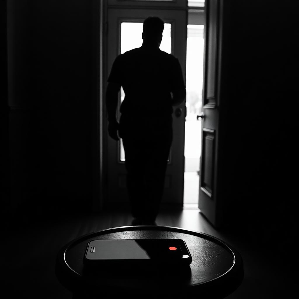 Editorial-Schwarz-Weiß-Foto mit rotem Akzent: Silhouette einer Person, die durch eine offene Tür ins helle Draußen tritt, im Vordergrund liegt ein Smartphone auf einem Beistelltisch, dessen einzige Farbe ein leuchtend roter Benachrichtigungspunkt ist