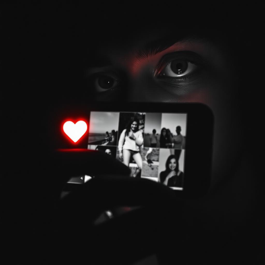 Editorial-Schwarz-Weiß-Foto mit rotem Akzent: Nahaufnahme eines Gesichts im Dunkeln, beleuchtet nur vom kalten Licht eines Smartphones, auf dem Display ein Raster kuratierter Lifestyle-Bilder und ein einzelnes leuchtend rotes Herz-Icon