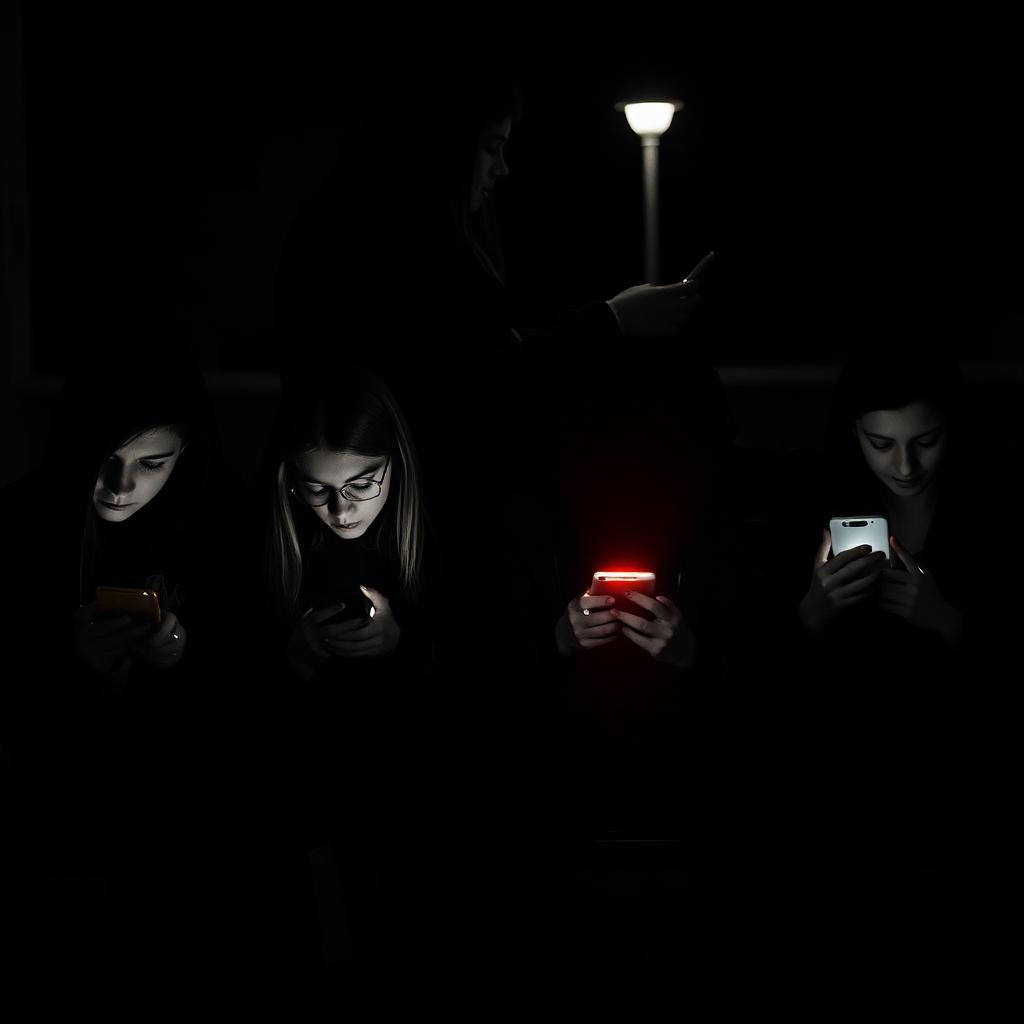 Editorial-Schwarz-Weiß-Foto mit rotem Akzent: Gruppe Jugendlicher im Dunkeln, alle auf ihre Smartphones starrend, im Hintergrund ein Erwachsener mit derselben Haltung, auf einem einzelnen Smartphone-Display glüht ein leuchtend rotes Verbotsschild-Icon als einziger Farbpunkt