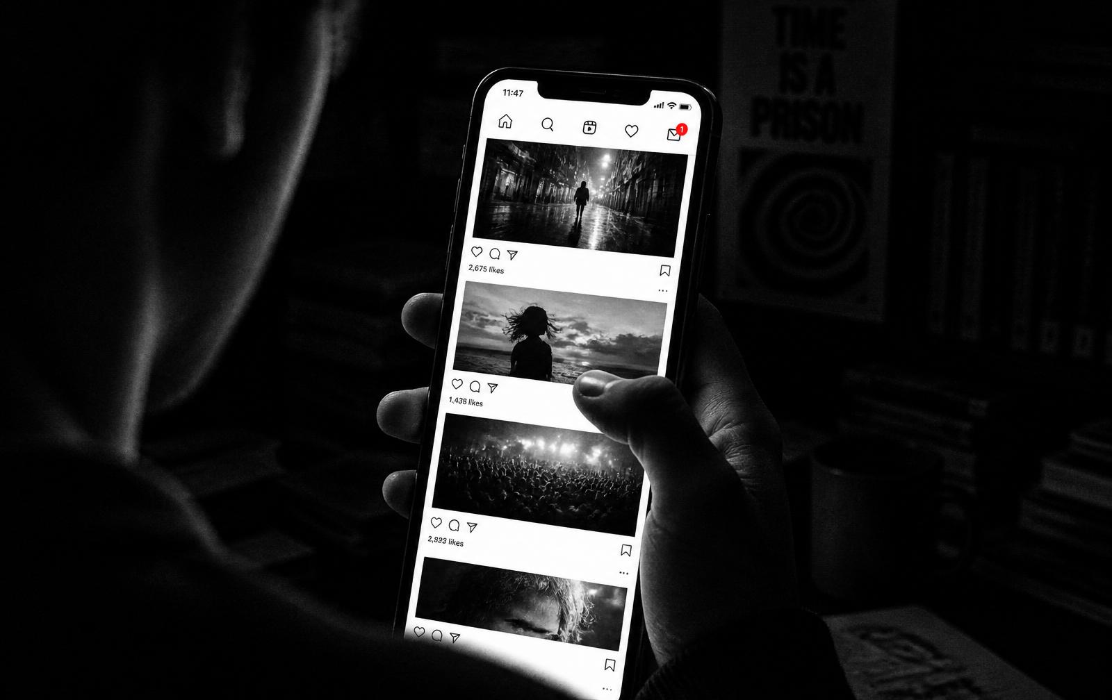 Editorial-Schwarz-Weiß-Foto mit rotem Akzent: Über-die-Schulter-Blick auf eine Hand mit hell leuchtendem Smartphone im Dunkeln, das einen endlosen Instagram-Feed aus quadratischen Posts zeigt, oben rechts glüht ein einzelnes leuchtend rotes Benachrichtigungs-Badge