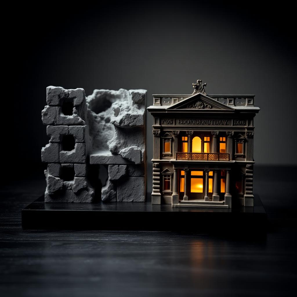 Cinematisches Schwarz-Weiß-Editorial-Stillleben auf dunklem Holz: eine warm-goldene, ornamentierte barocke Palazzo-Fassade steht neben einem grauen, bröckelnden brutalistischen Betonklotz — der Palazzo leuchtet warm-golden als einzige Farbe im monochromen Bild, Metapher für Schönheit versus Hässlichkeit in der Stadtgestaltung.