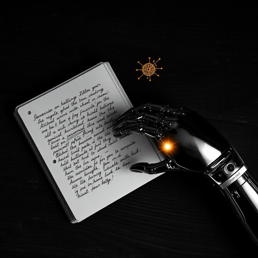 Cinematisches Schwarz-Weiß-Editorial-Stillleben auf dunklem Holz: aufgeschlagenes Vintage-Notizbuch mit handgeschriebenen Notizen neben einer glänzenden chromfarbenen Roboterhand, die die Finger zu den Seiten ausstreckt, dazu ein warm-goldener leuchtender Neural-Network-Knoten mit feinen goldenen Leiterbahnen als einzige Farbe im monochromen Bild. Metapher für Symbiotic Work – Menschen und KI-Agenten als Team.