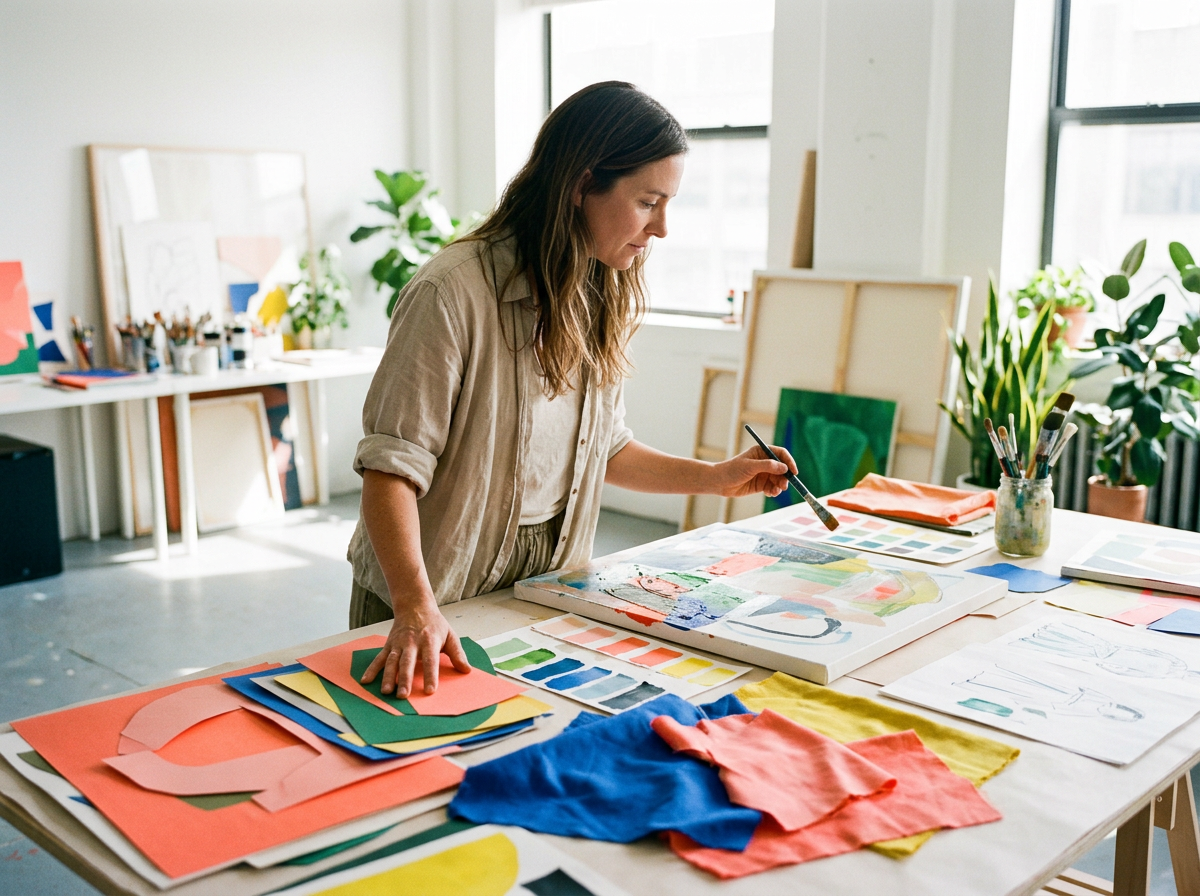 Künstlerin arbeitet in einem hellen Atelier an einem farbenfrohen abstrakten Werk.