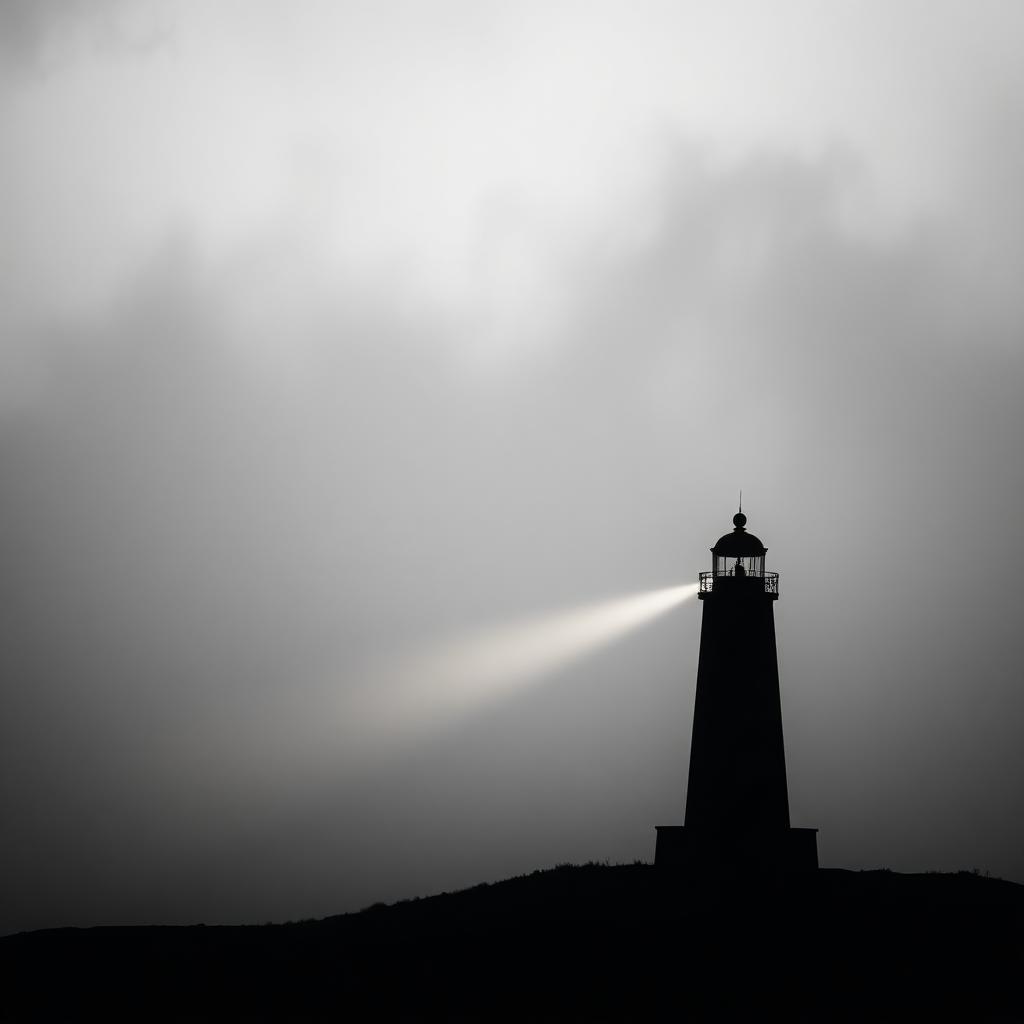 Cinematisches Schwarz-Weiß-Editorial-Bild: Silhouette eines Leuchtturms in monochromem Nebel, ein warm-goldener Lichtstrahl schneidet als einzige Farbe durchs Bild — Metapher für Elternsein als flackernder Leuchtturm.