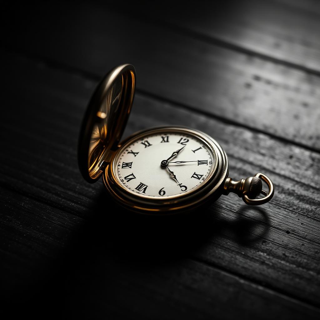 Cinematisches Schwarz-Weiß-Editorial-Stillleben auf dunklem Holz: eine geöffnete warm-goldene Vintage-Taschenuhr liegt schräg im Licht – die Uhr als einzige Farbe im monochromen Bild, Metapher für Zeit als demokratischste und gerechteste Ressource der Welt.